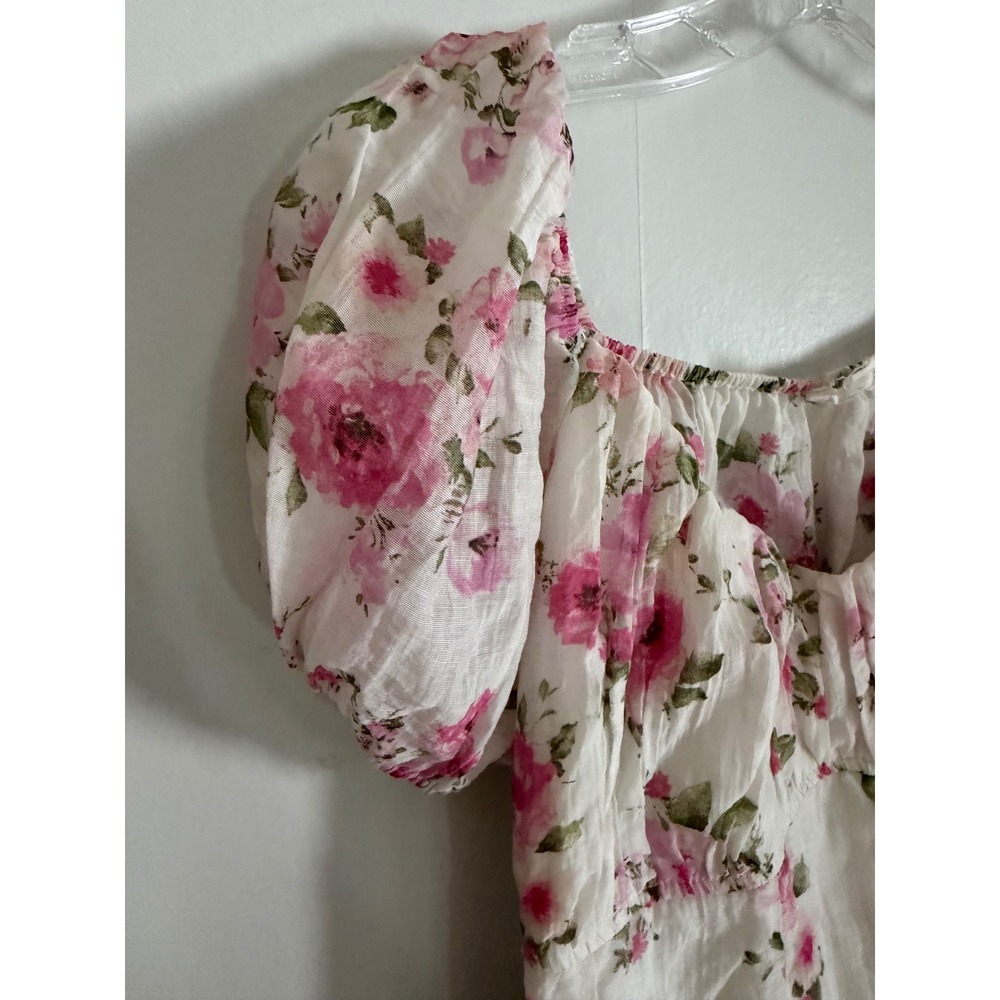 Pink Floral Puff Sleeve open Back Mini Dress XL Cottagecore milkmaid Princess XL - Picture 10 of 14